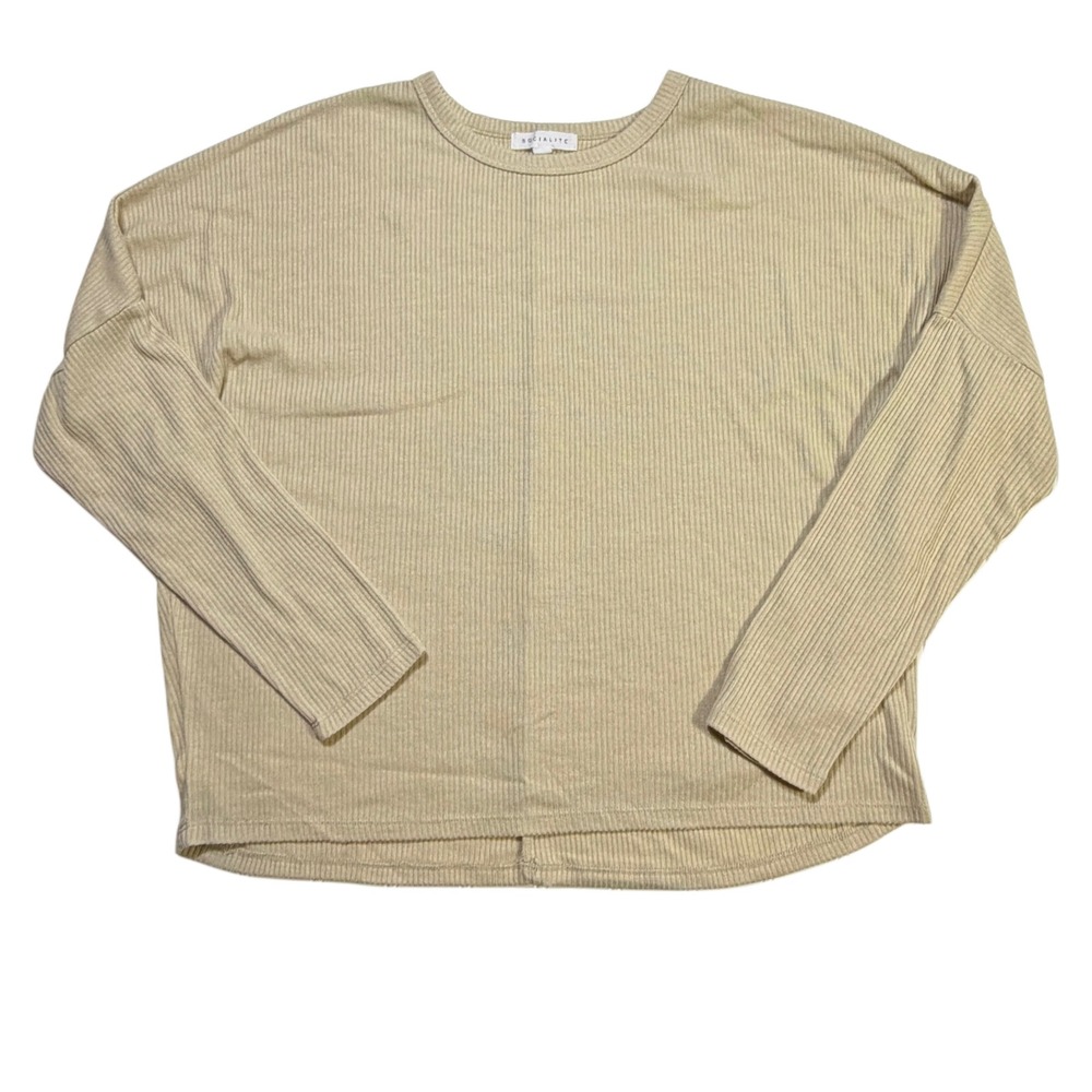 Minimalist Neutral Ribbed Top Socialite M Boxy Long Sleeve Casual